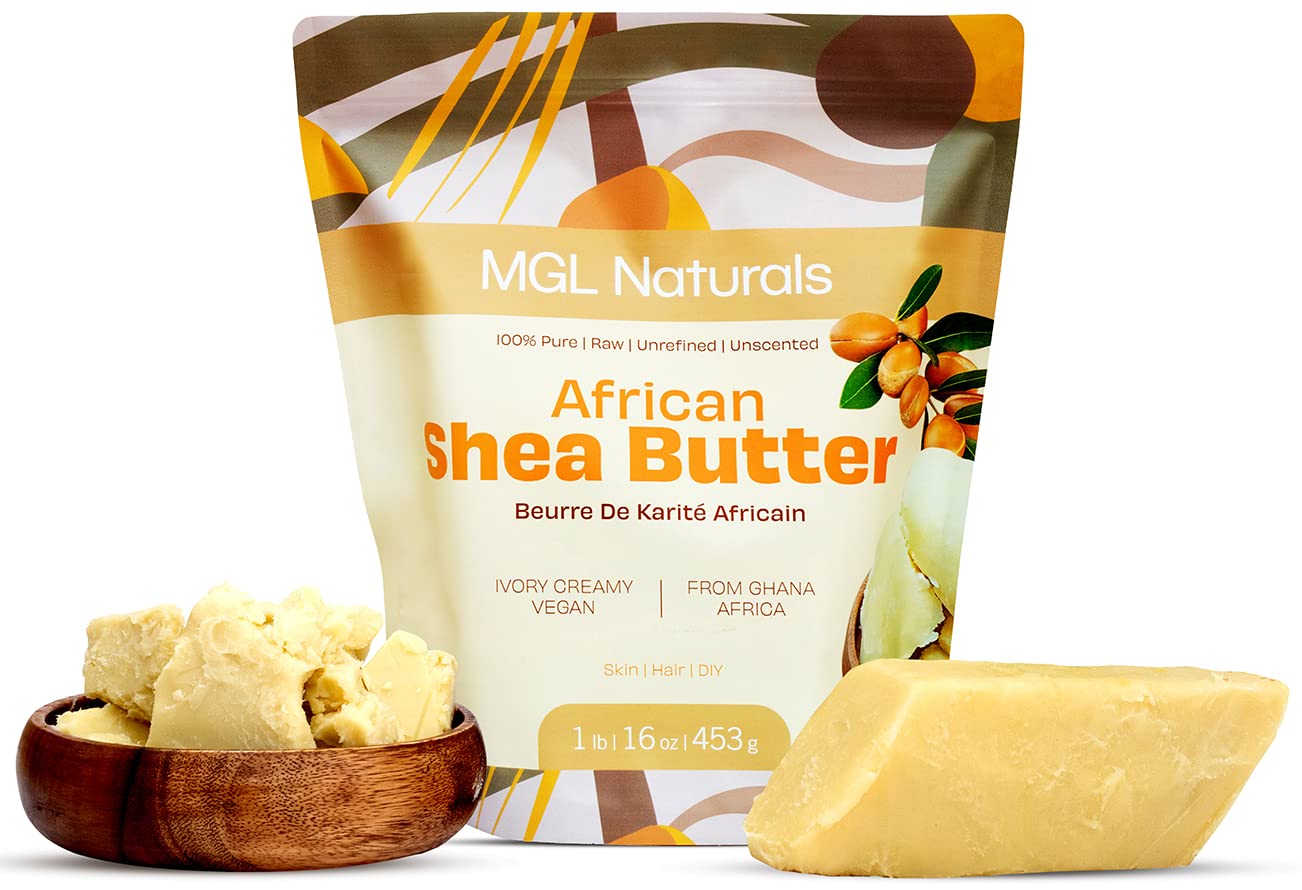 MGL Naturals Raw African Shea Butter ivory 1lb label closeup for premium hydration