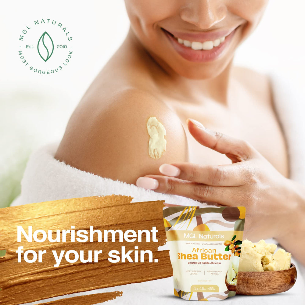 MGL Naturals raw ivory shea butter block shown for versatile skincare