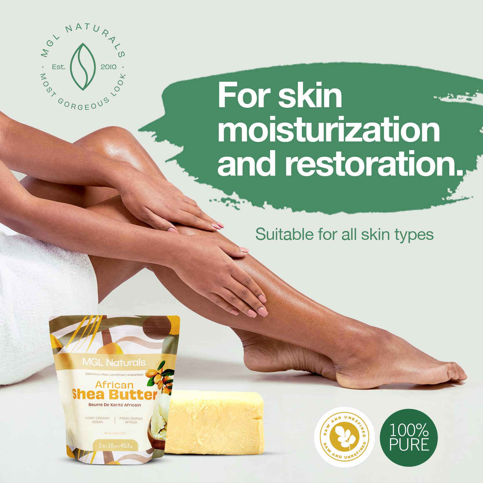 MGL Naturals shea butter applied to dry hands for deep moisture