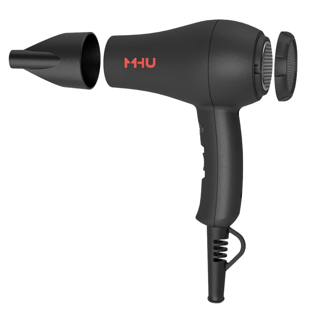 MHD mini travel hair dryer black finish with included concentrator.