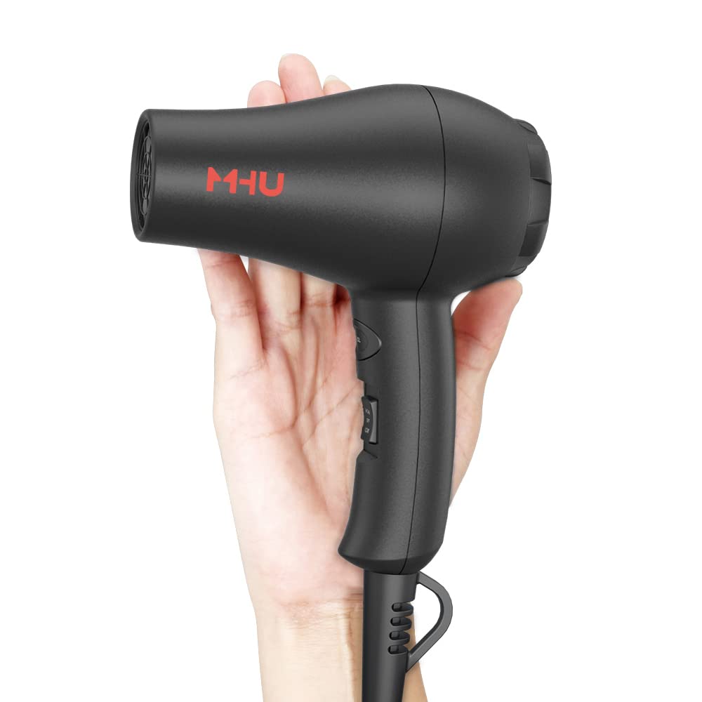 MHD travel mini hair dryer black housing shows compact, portable design.