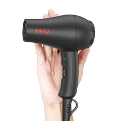 MHD travel mini hair dryer black housing shows compact, portable design.
