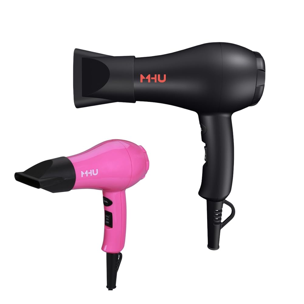 MHD travel mini hair dryer ceramic ionic head delivers even heat for smooth styling.