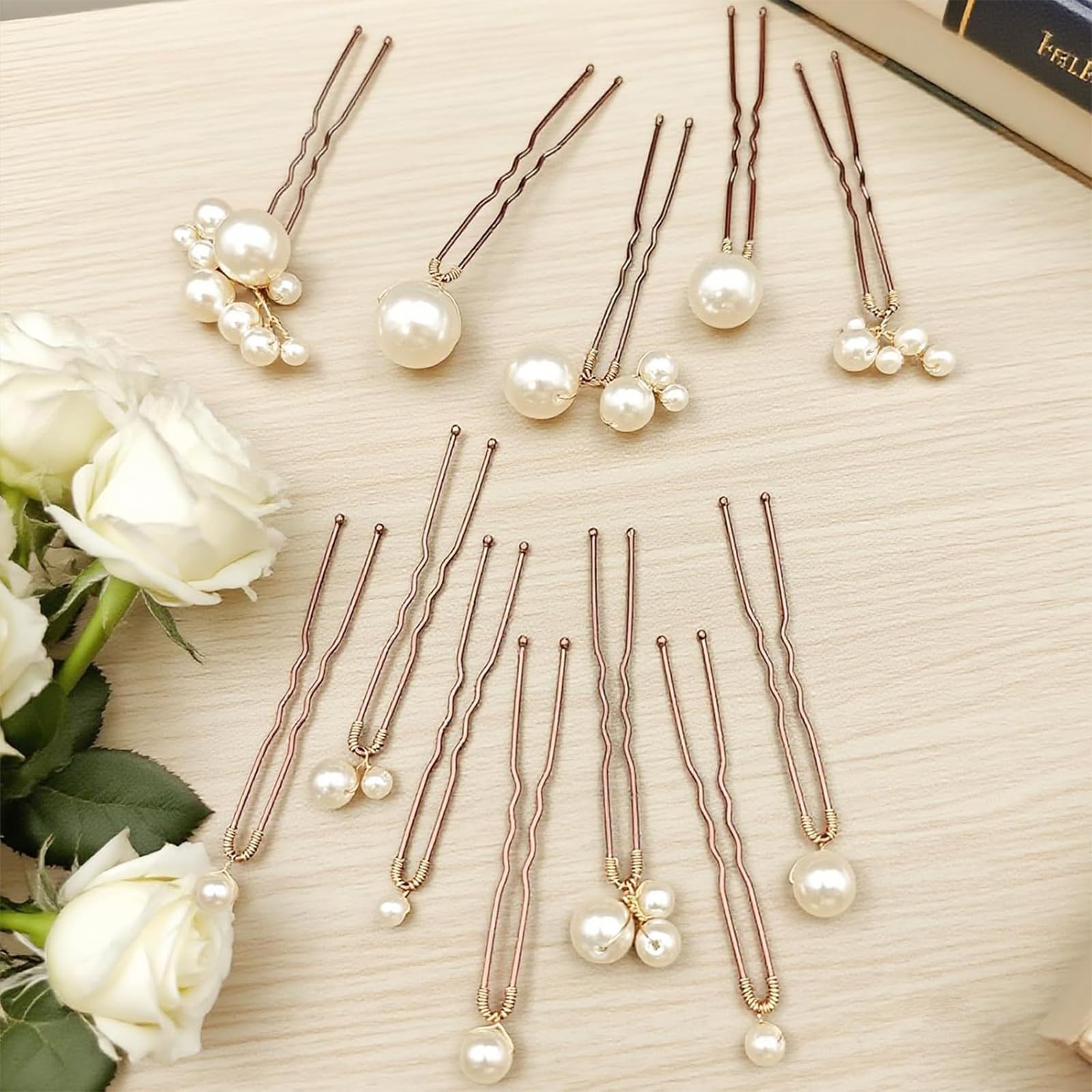 MHKLCD bridal pearl hair pin varying sizes showcases adjustable styling options.