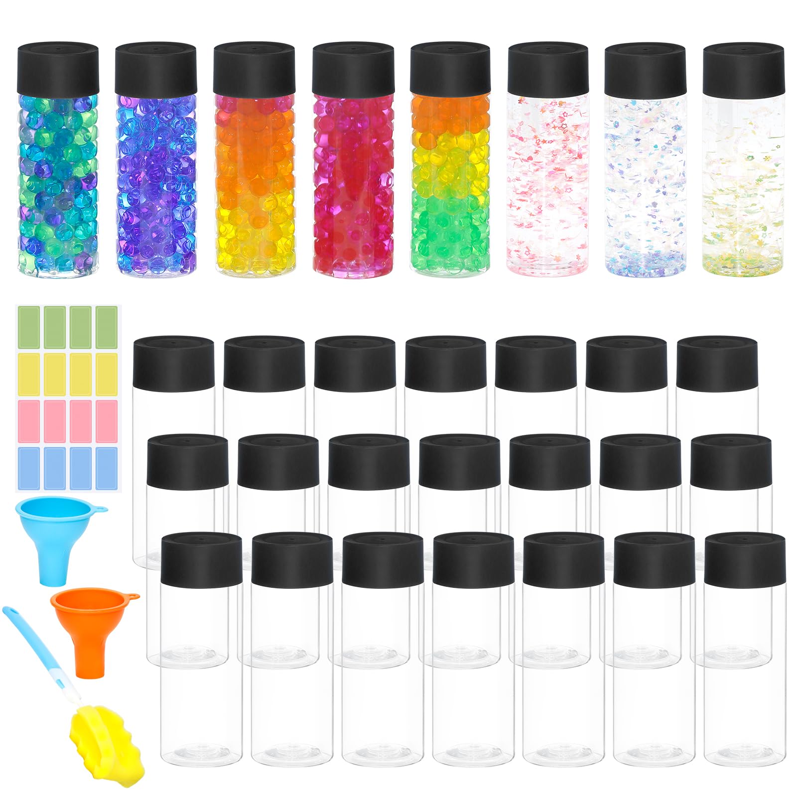 Mhtdet empty sensory bottles with lids lined up for leakproof play