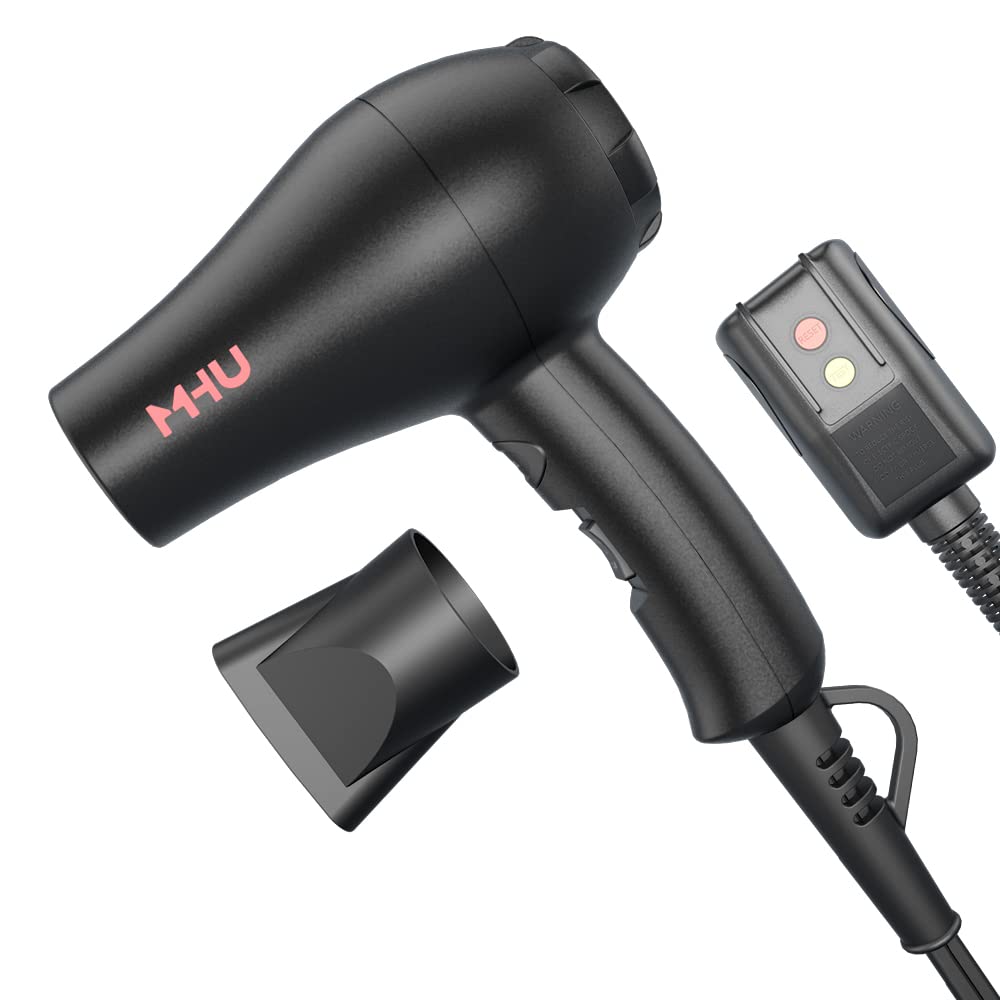 MHU mini blow dryer front view highlighting compact design for easy travel and styling.