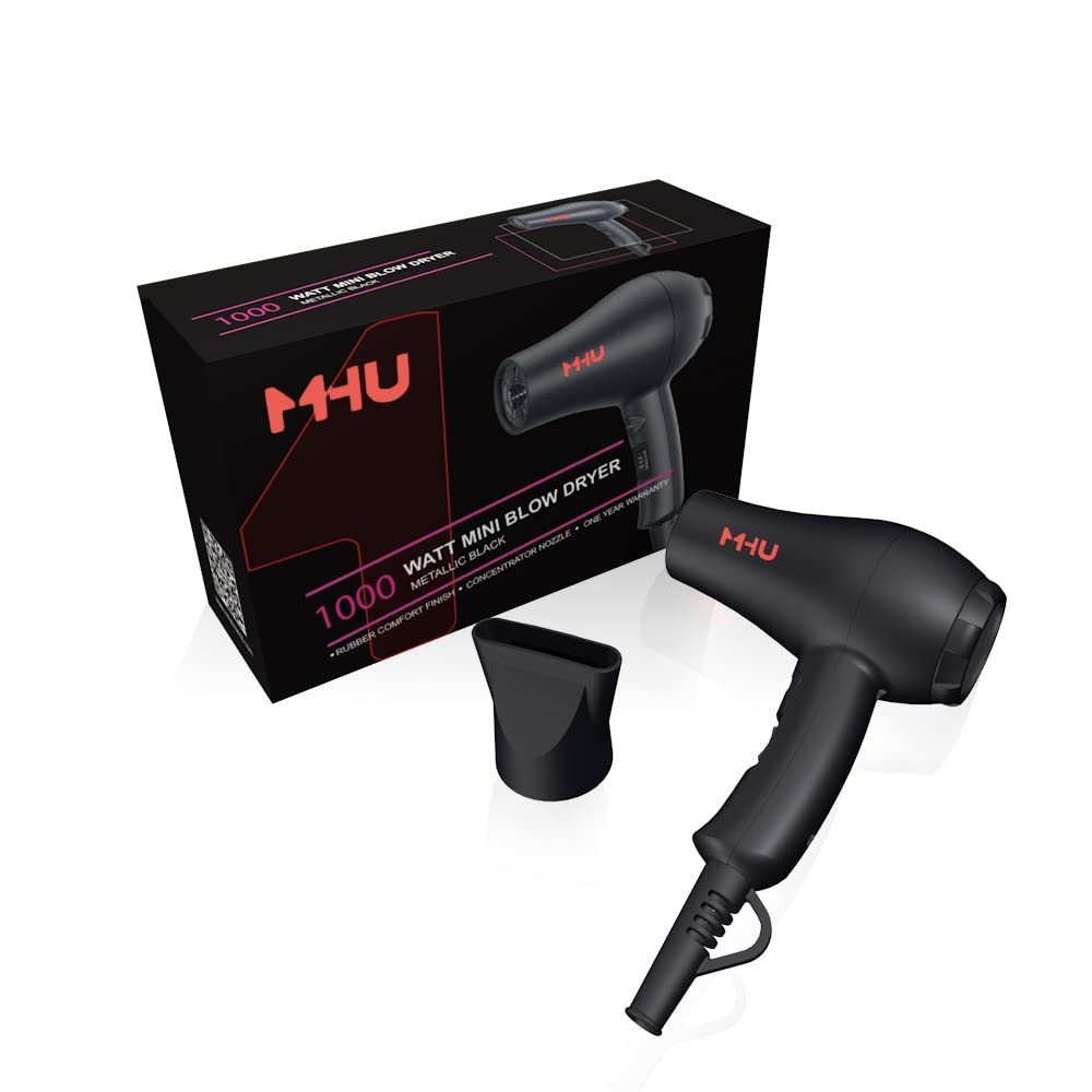 MHU black mini dryer Pro design offers stylish portability.