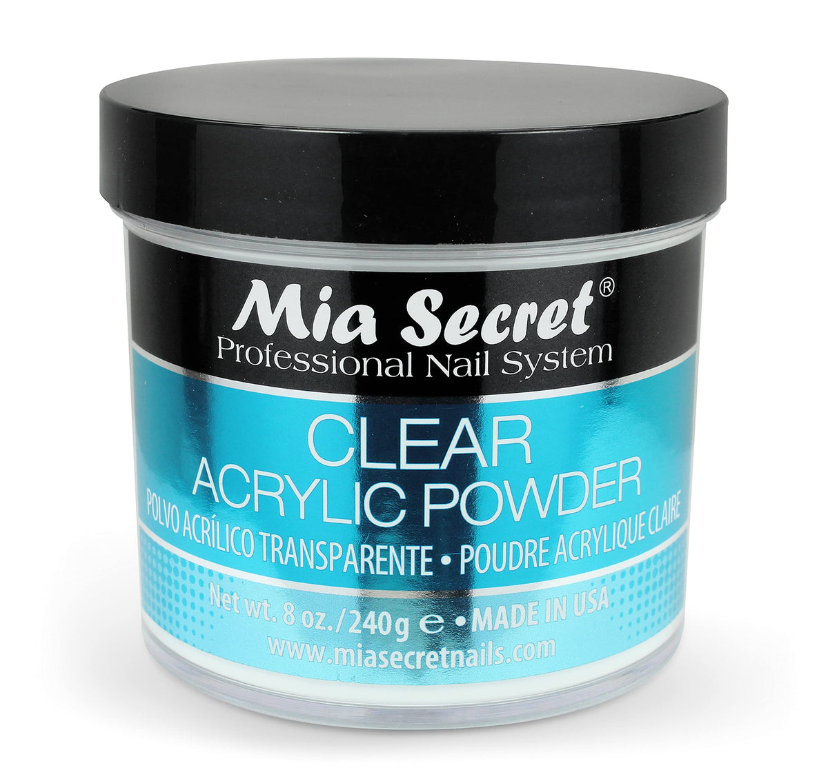 Mia Secret Clear Acrylic Powder 8oz jar closeup for precise encapsulation results