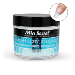 Mia Secret Clear Acrylic Powder canister emphasizes US-made quality and consistency.