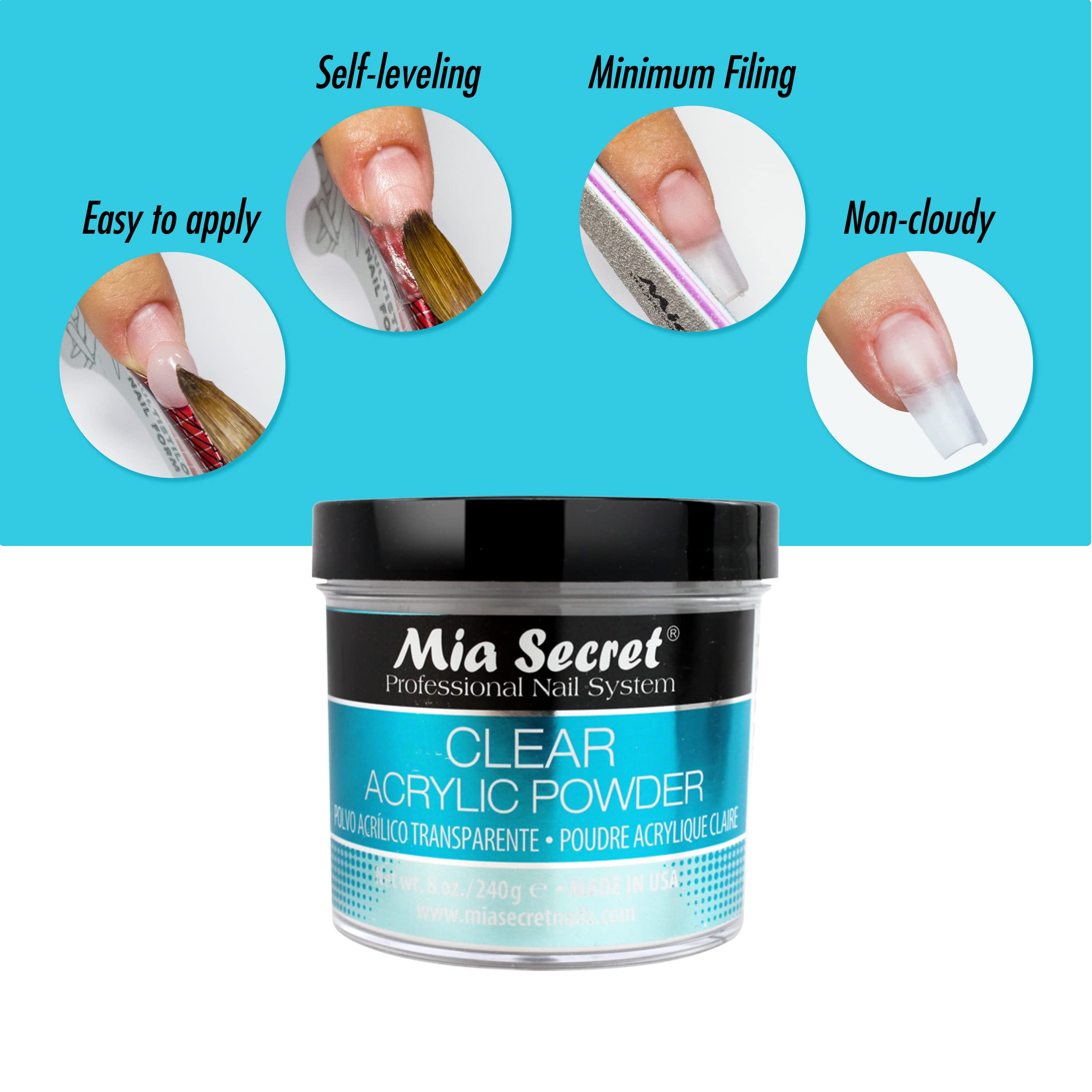 Mia Secret Clear Acrylic Powder works with liquid monomer for versatile use