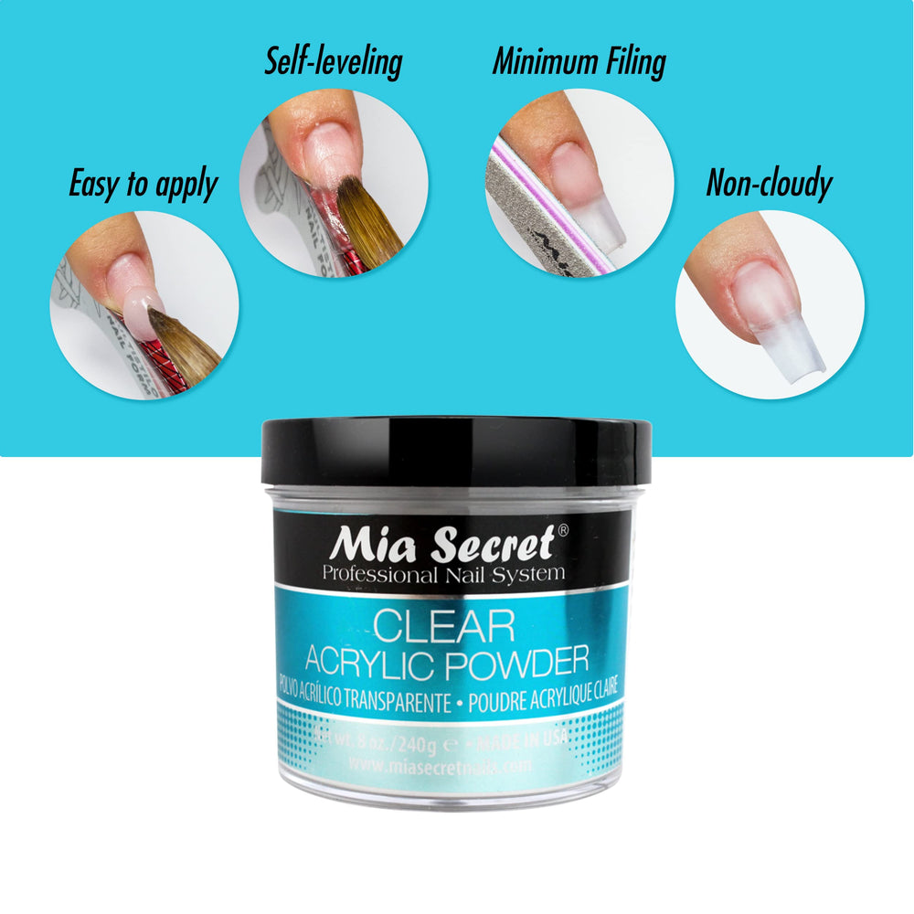 Mia Secret Clear Acrylic Powder works with liquid monomer for versatile use