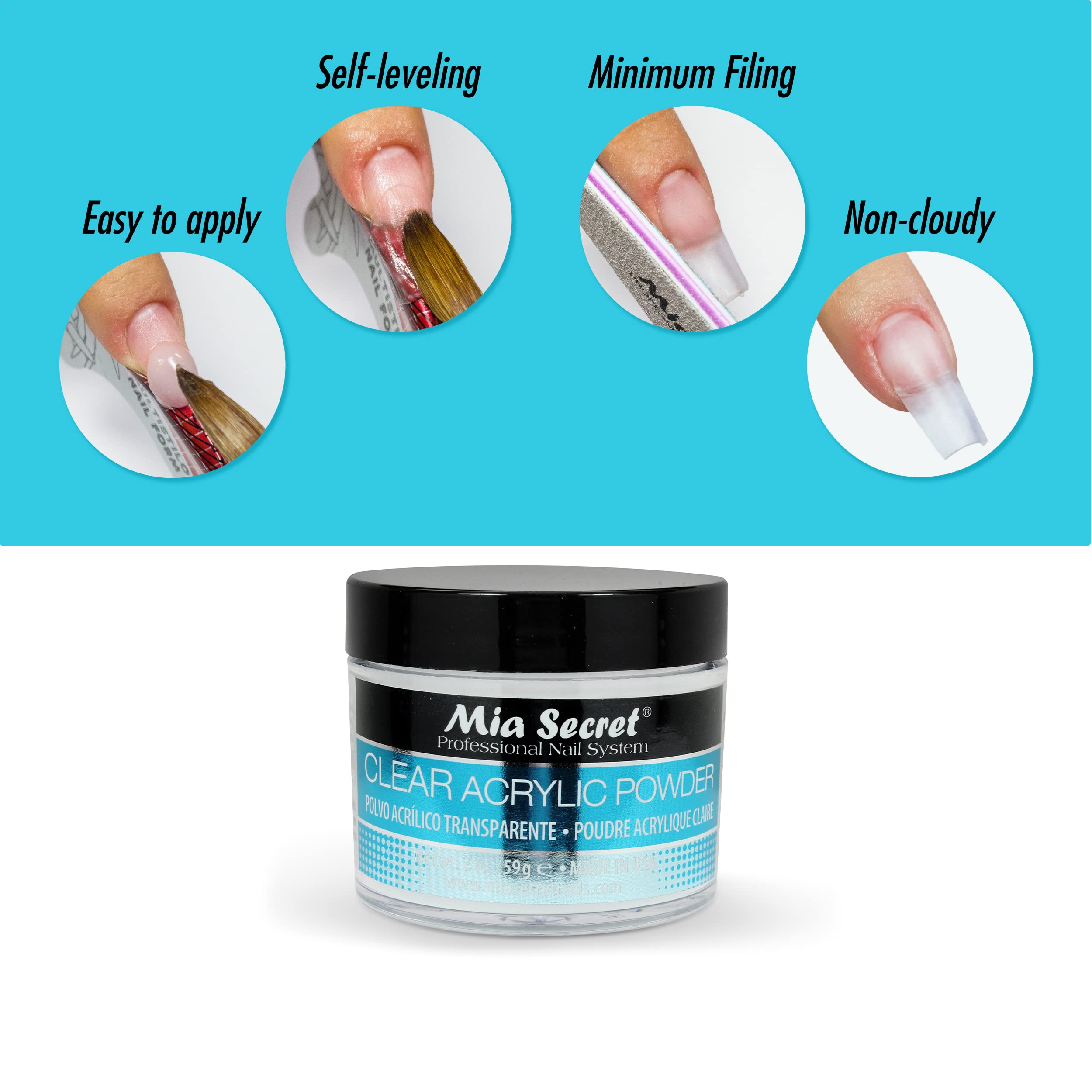 Mia Secret Clear Acrylic Powder demonstrates compatibility with odorless and UV-LED monomers.