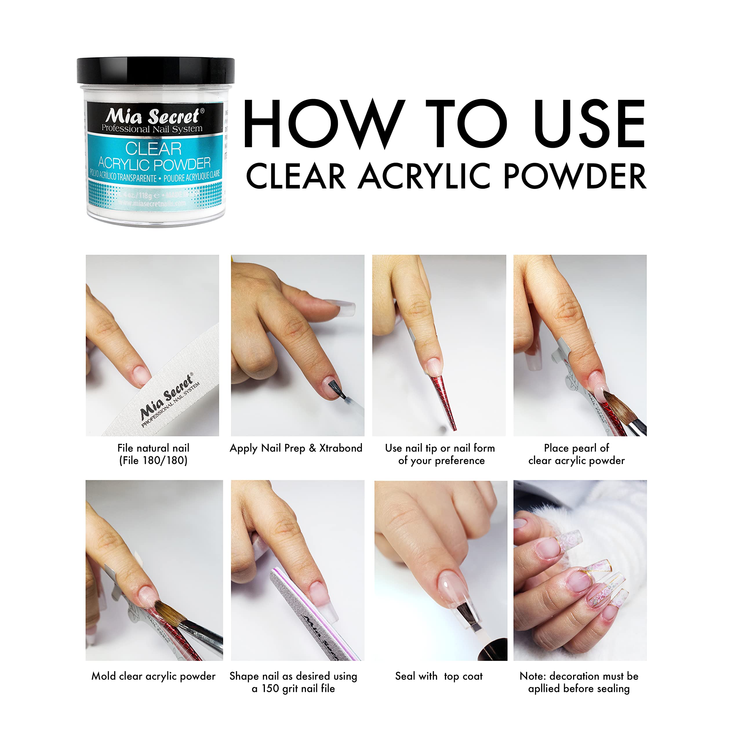 Mia Secret Clear Acrylic Powder packaging in USA emphasizes quality control