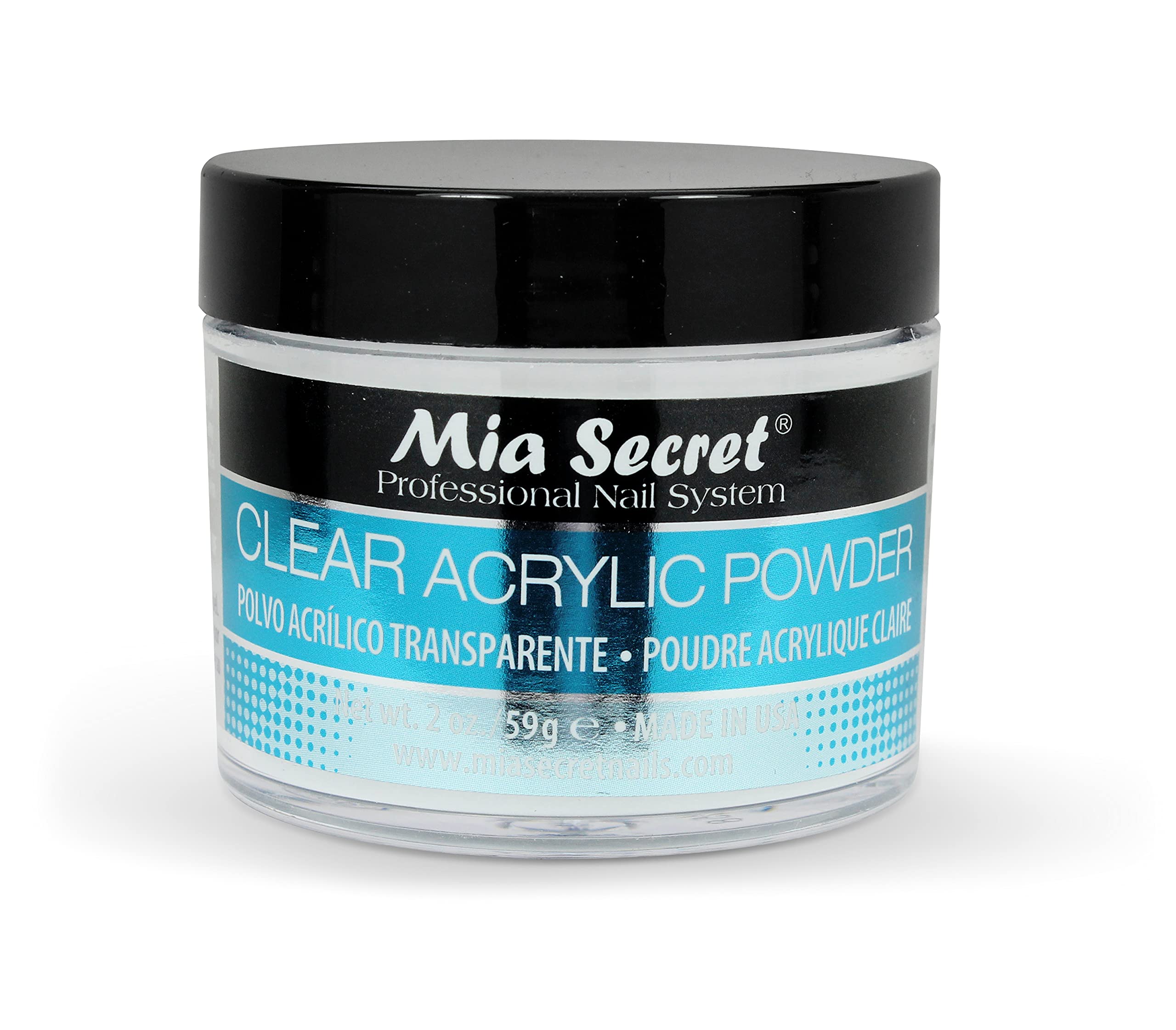 Mia Secret Clear Acrylic Powder packaging highlights true-clear encapsulation benefits.