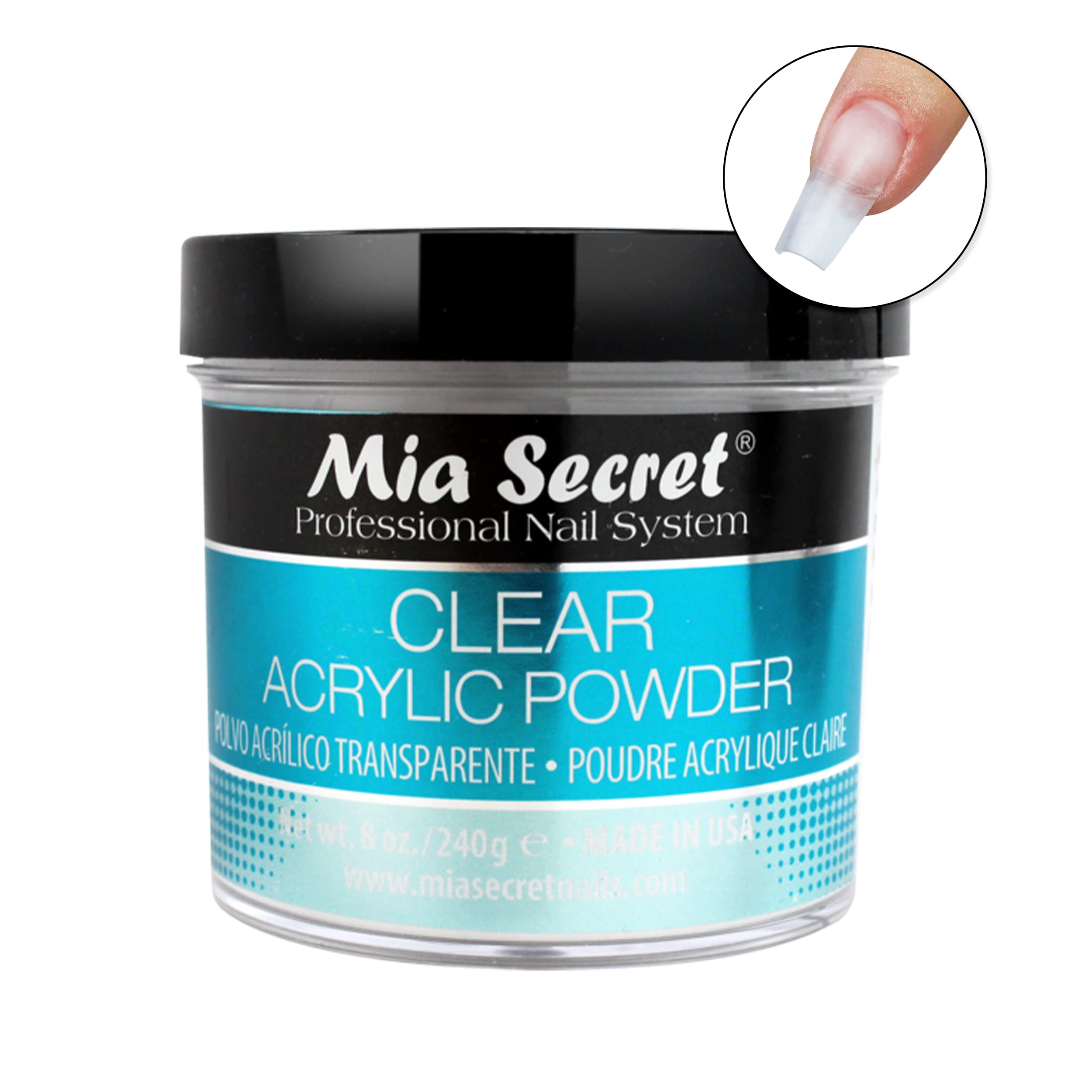 Mia Secret Clear Acrylic Powder true-clear swatch highlights translucency and natural nail look