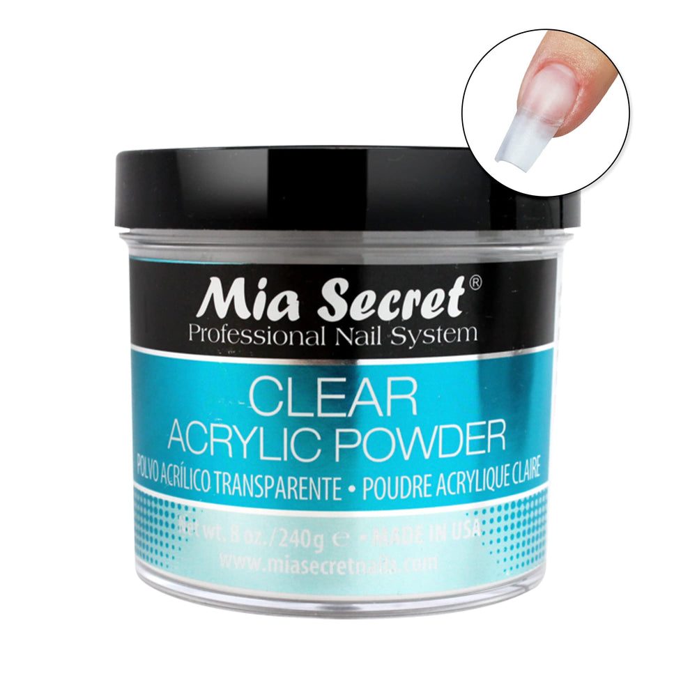Mia Secret Clear Acrylic Powder true-clear swatch highlights translucency and natural nail look
