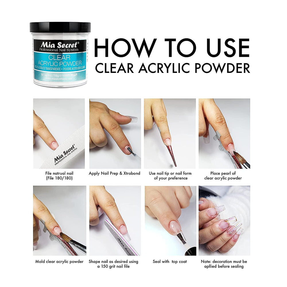 Mia Secret Clear Acrylic Powder close-up shows crystal-clear texture for translucent effects.