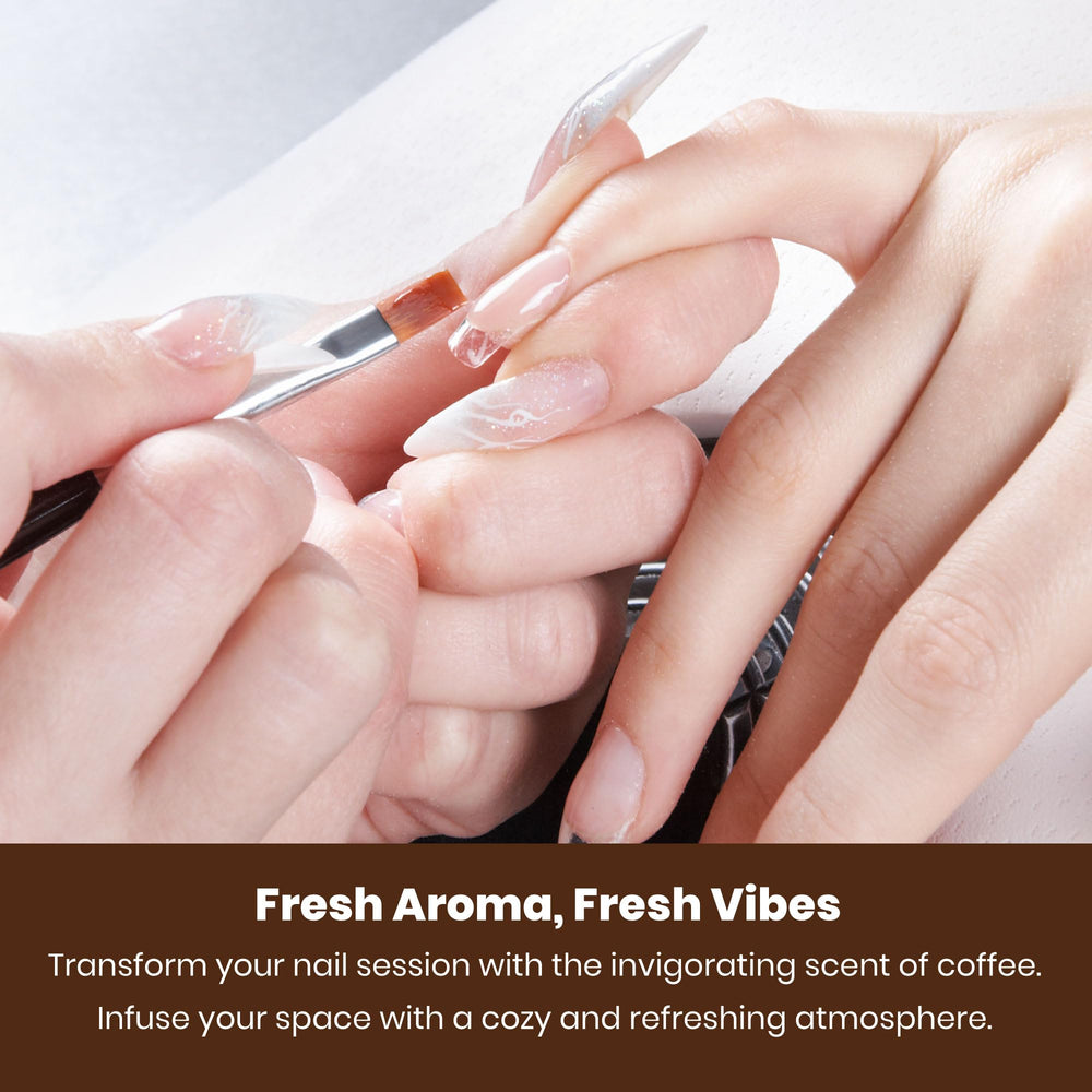 Mia Secret coffee scented liquid monomer dappen dish close-up highlights easy prep and mixing
