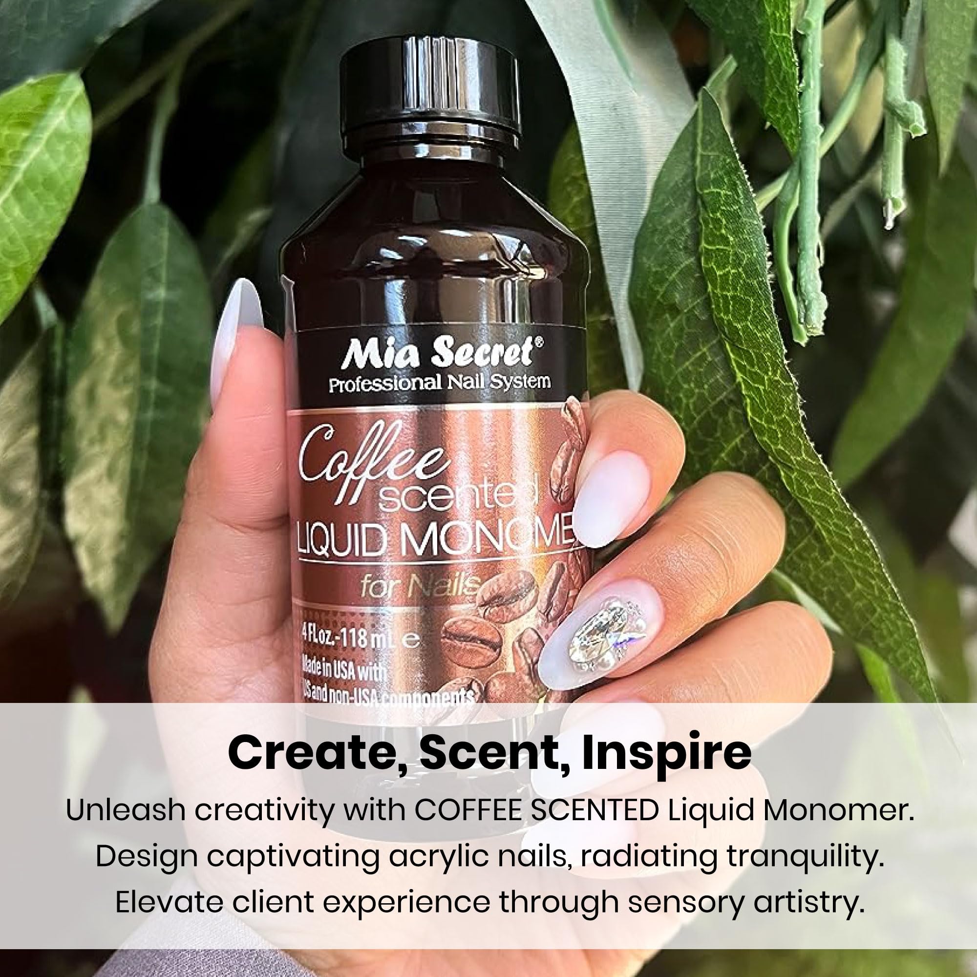 Mia Secret coffee scented liquid monomer label closeup communicates product name and scent promise