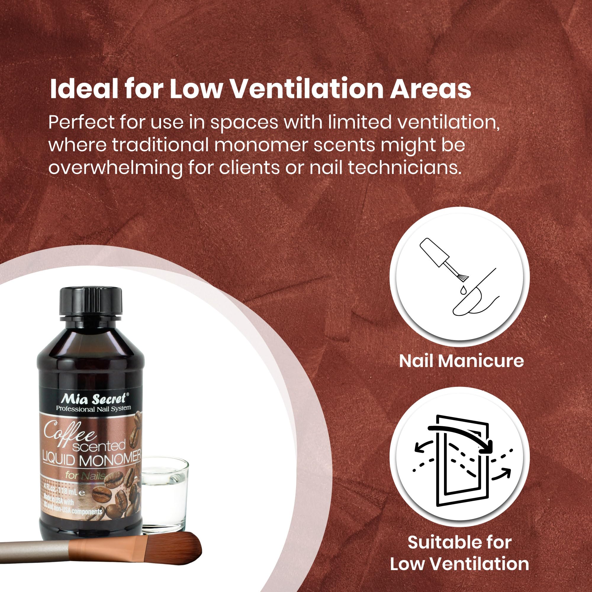Mia Secret coffee scented liquid monomer packaging highlights USA-made quality and freshness
