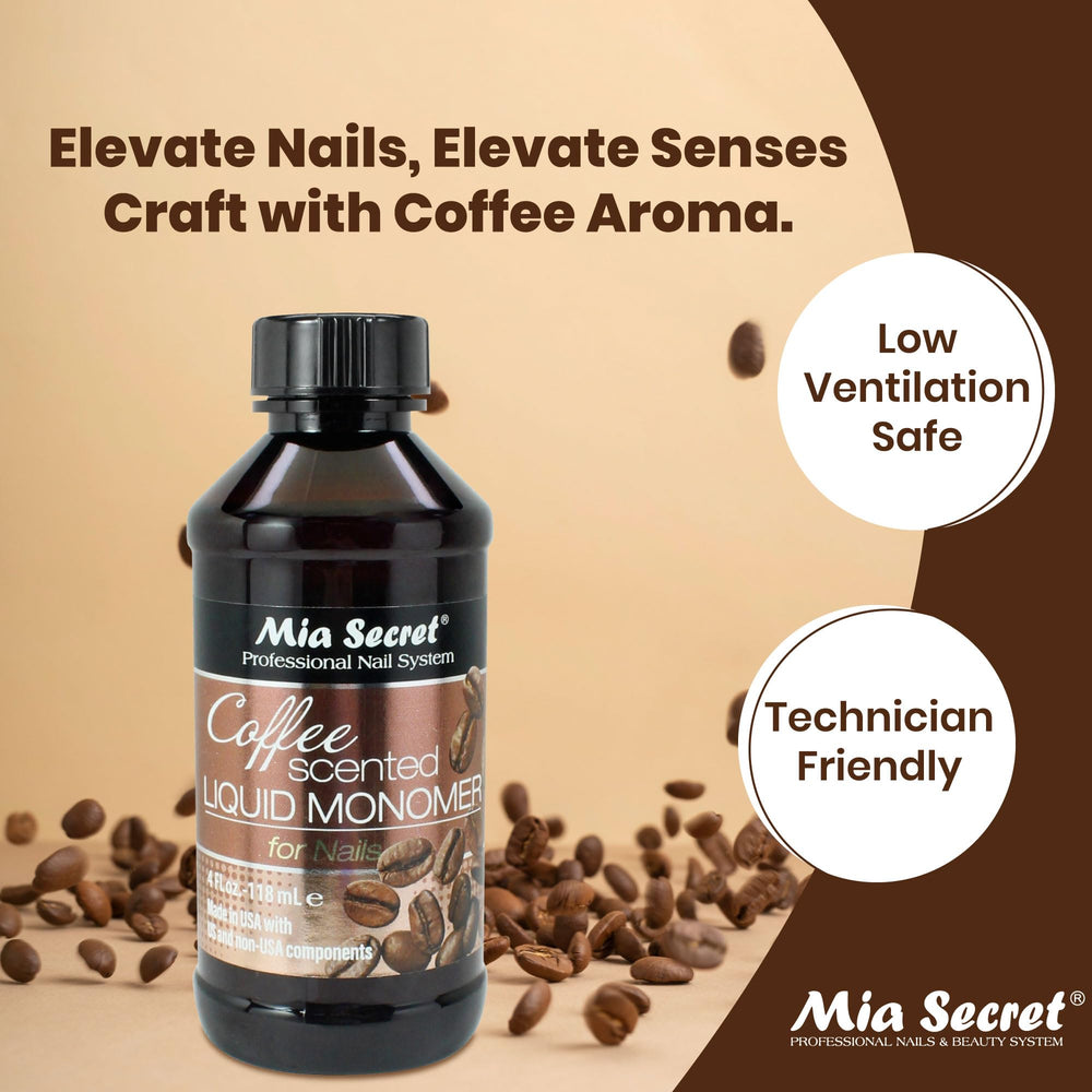 Mia Secret coffee scented liquid monomer pour demonstrates controlled flow for precise acrylic application