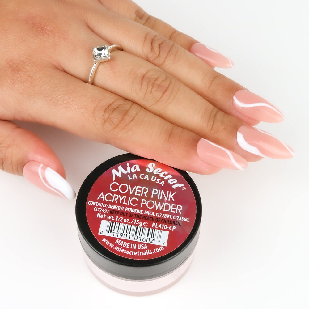 Mia Secret cover pink acrylic powder swatches showing consistent color for precise nail design.