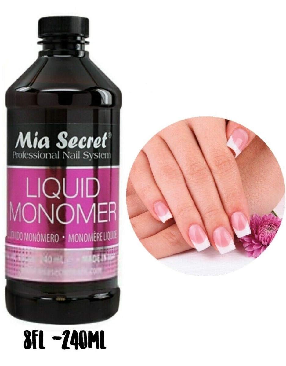 Mia Secret Liquid Monomer 8oz bottle label, MMA-free and non-yellowing for stable, lasting color.