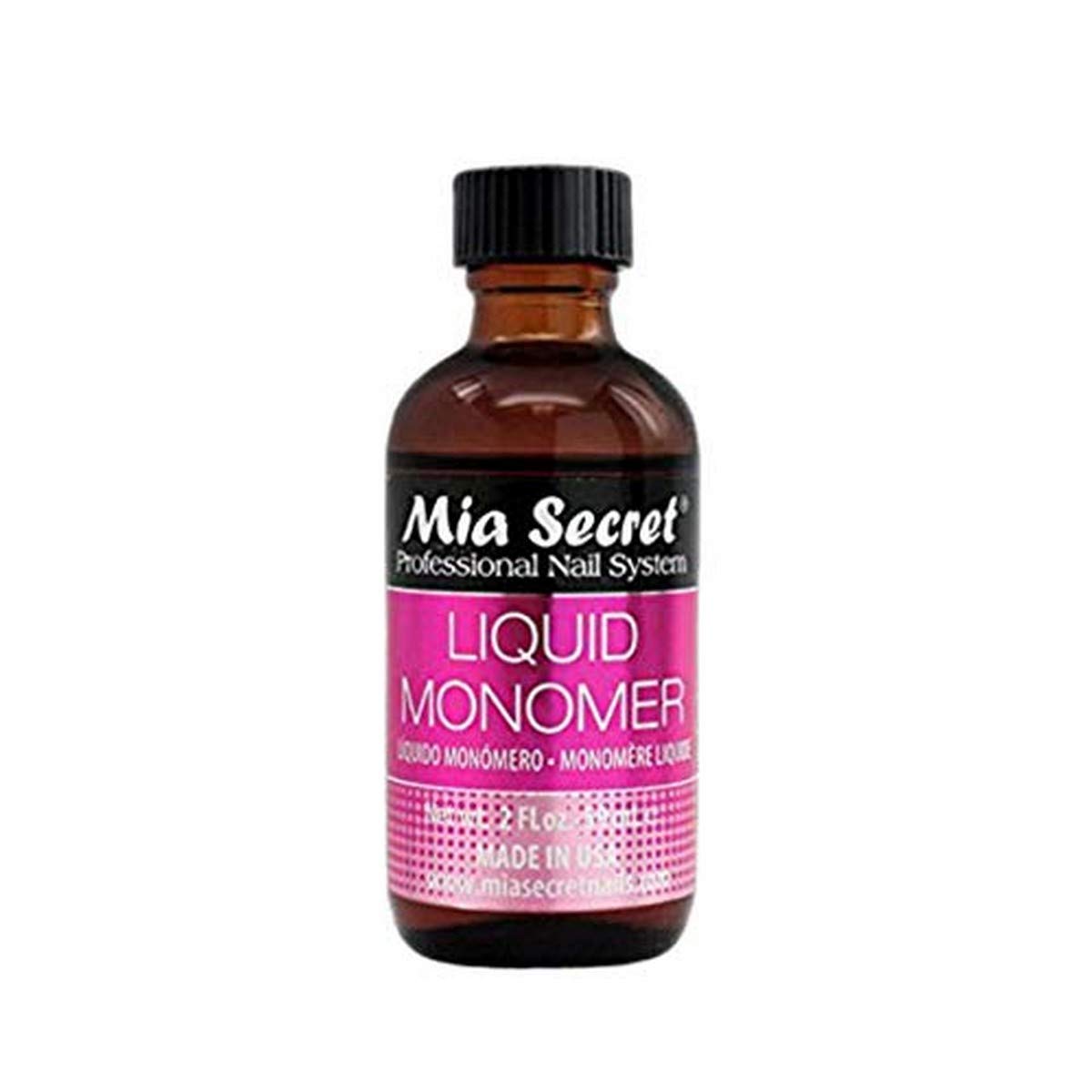 Mia Secret liquid monomer bottle closeup highlights smooth formula for precise acrylic application.