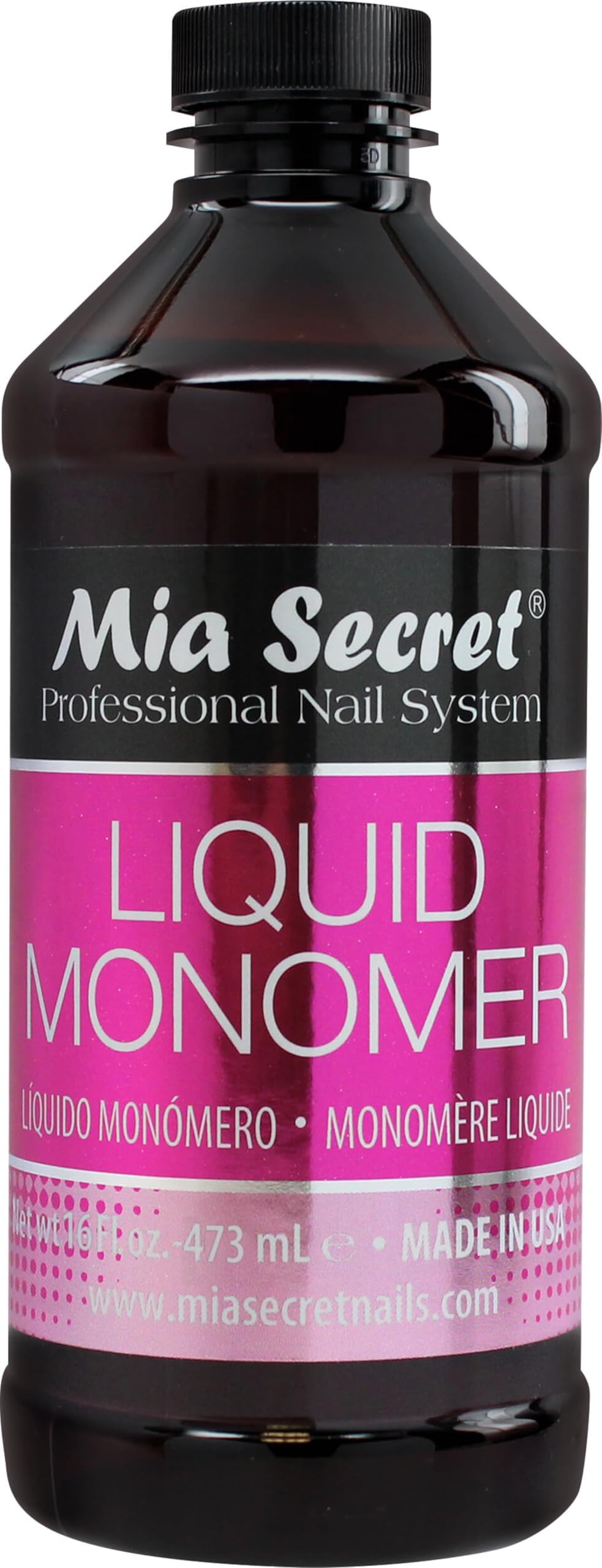 Mia Secret Liquid Monomer bottle pour demonstrates controlled flow for smooth mixing.