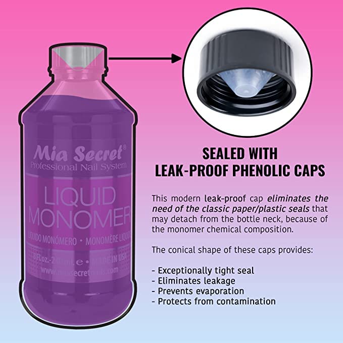 Mia Secret Liquid Monomer cap closeup shows a leak-free secure seal for stability.