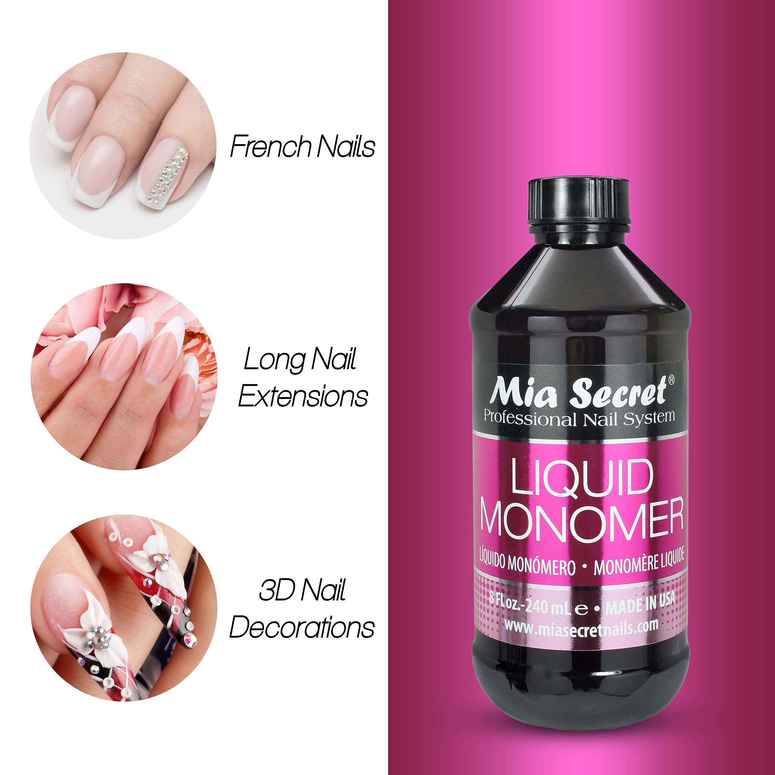 Mia Secret liquid monomer non-yellowing formula preserves clear nail enhancements over time.