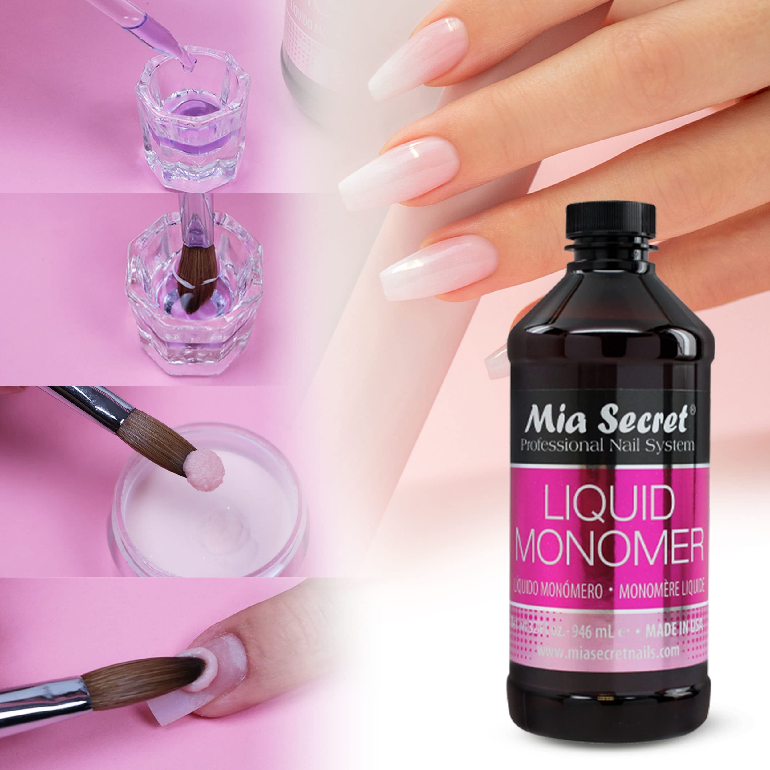 Mia Secret liquid monomer label closeup highlights non-yellowing formula.