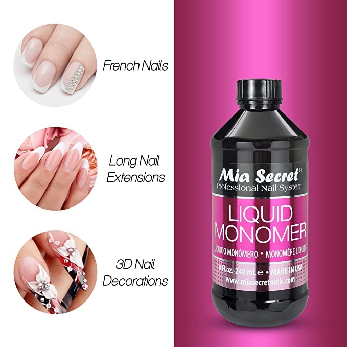 Mia Secret Liquid Monomer packaging label emphasizes safety and professional formulation.