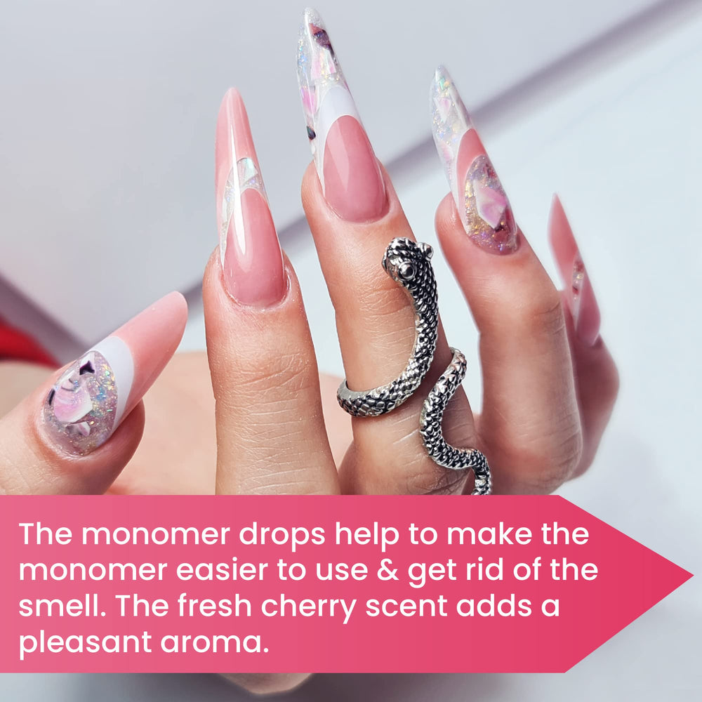 Five drops in monomer using Mia Secret Monomer Drops for aroma boost.