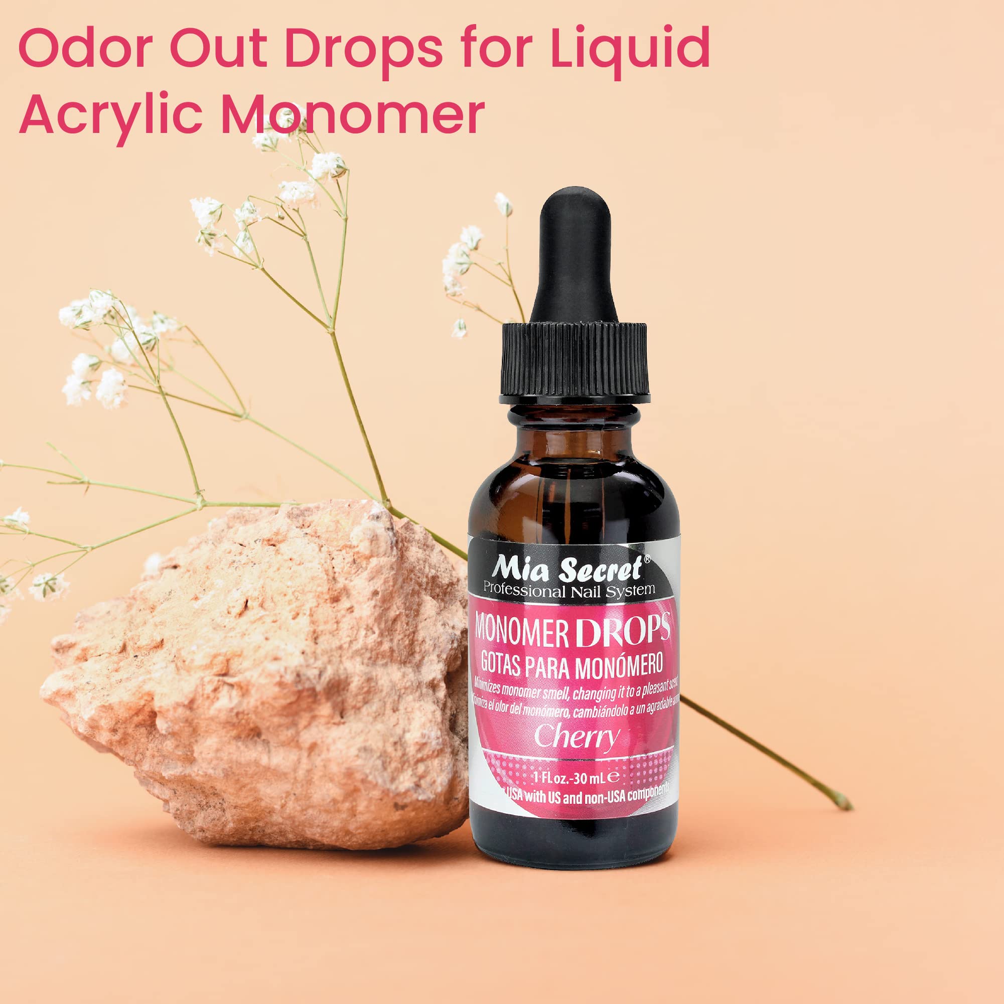 Mia Secret Monomer Drops Cherry Scent label seen on bottle.