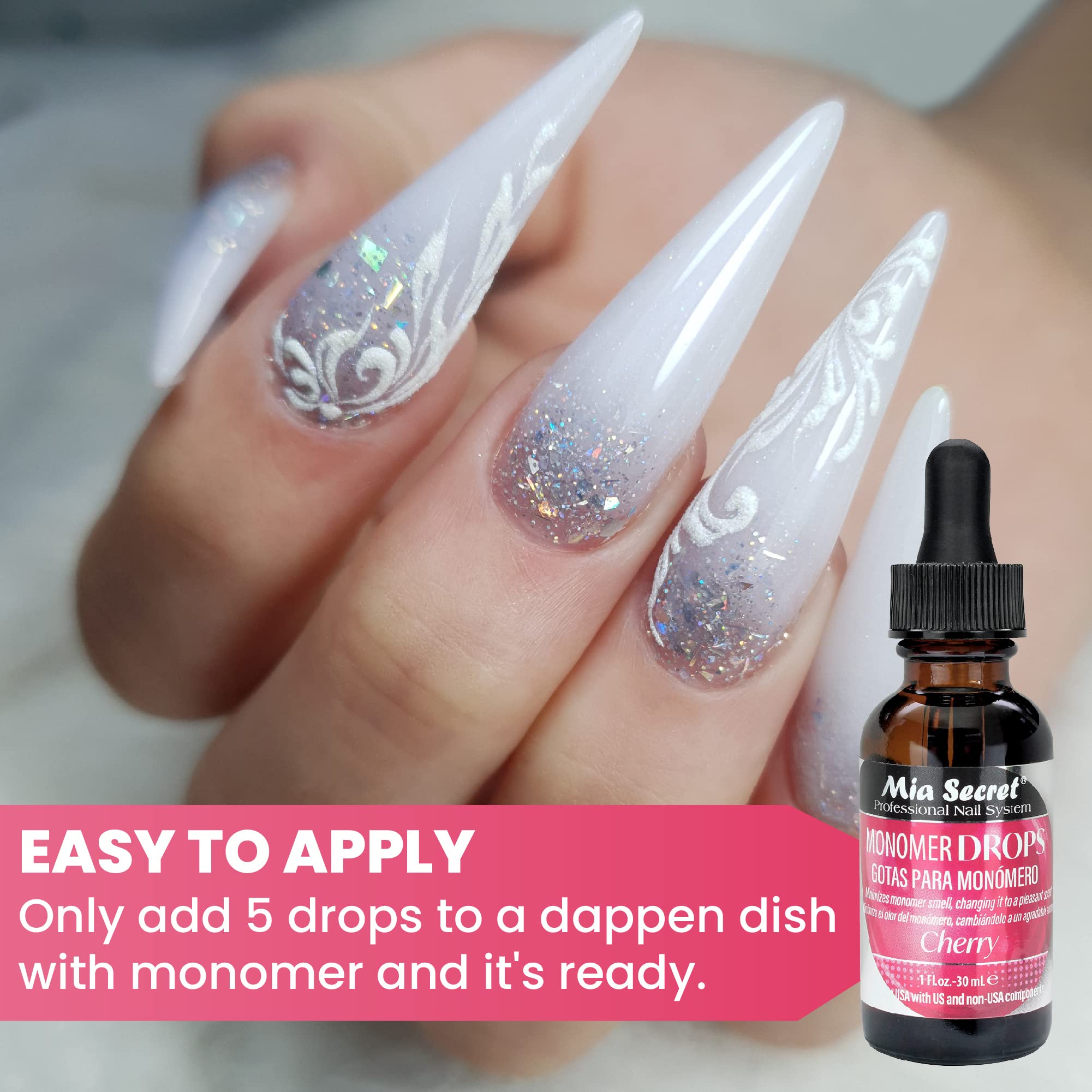 Mia Secret Monomer Drops packaging shown for salon use.