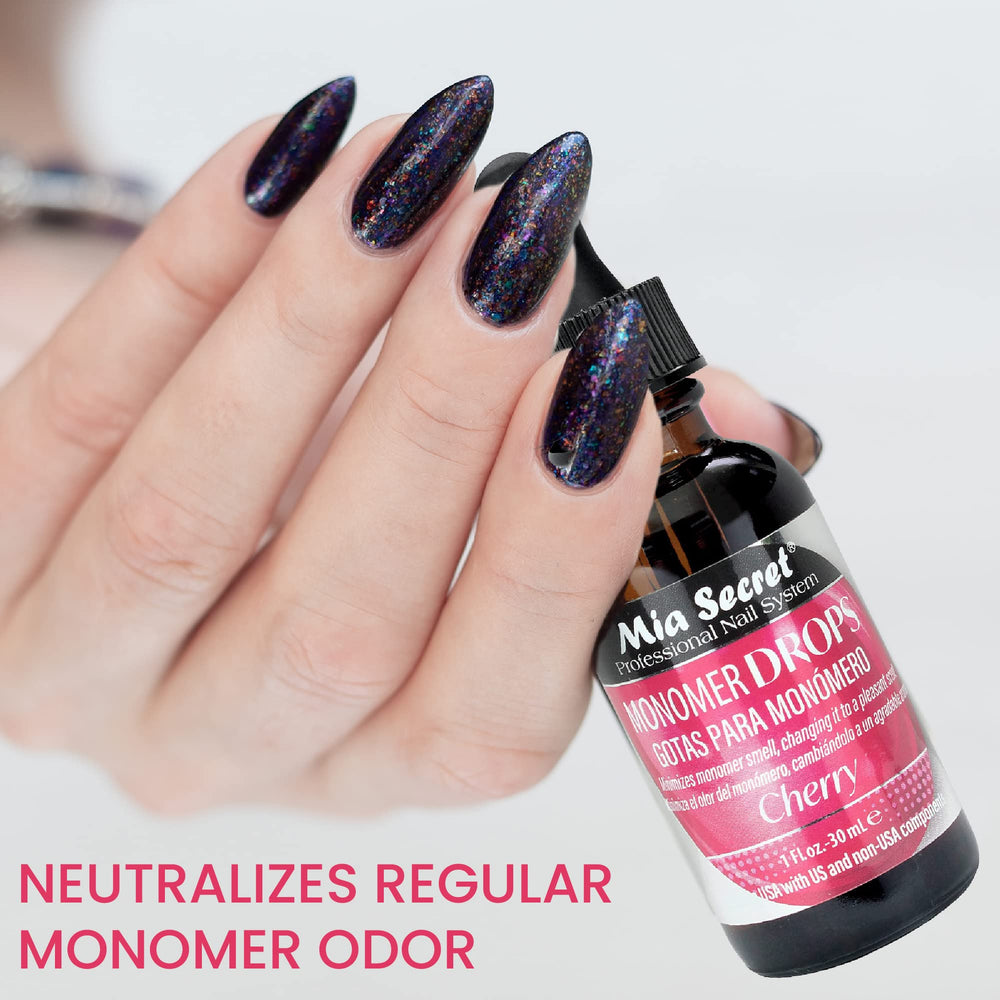 Mia Secret Monomer Drops cherry bottle with drop for quick odor reduction.