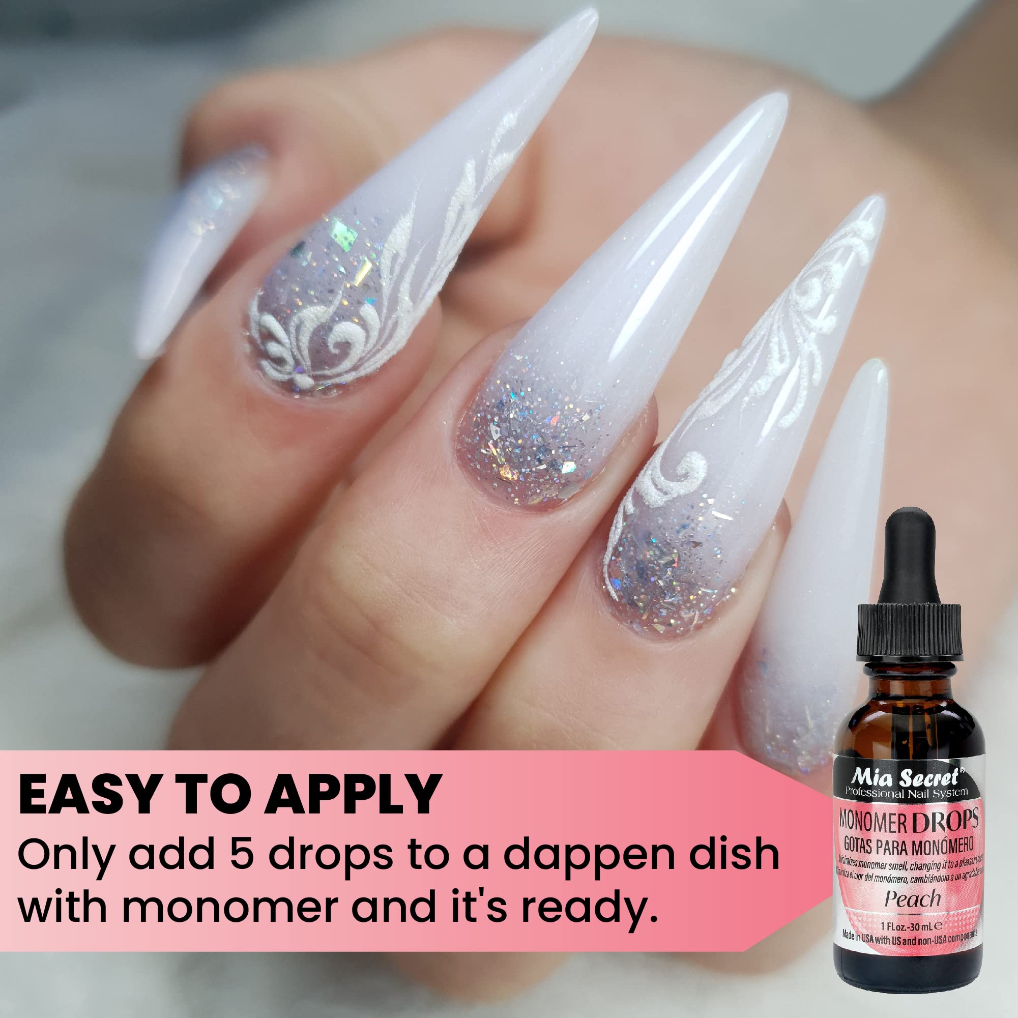 Mia Secret Monomer Drops peach closeup of the 1oz bottle.