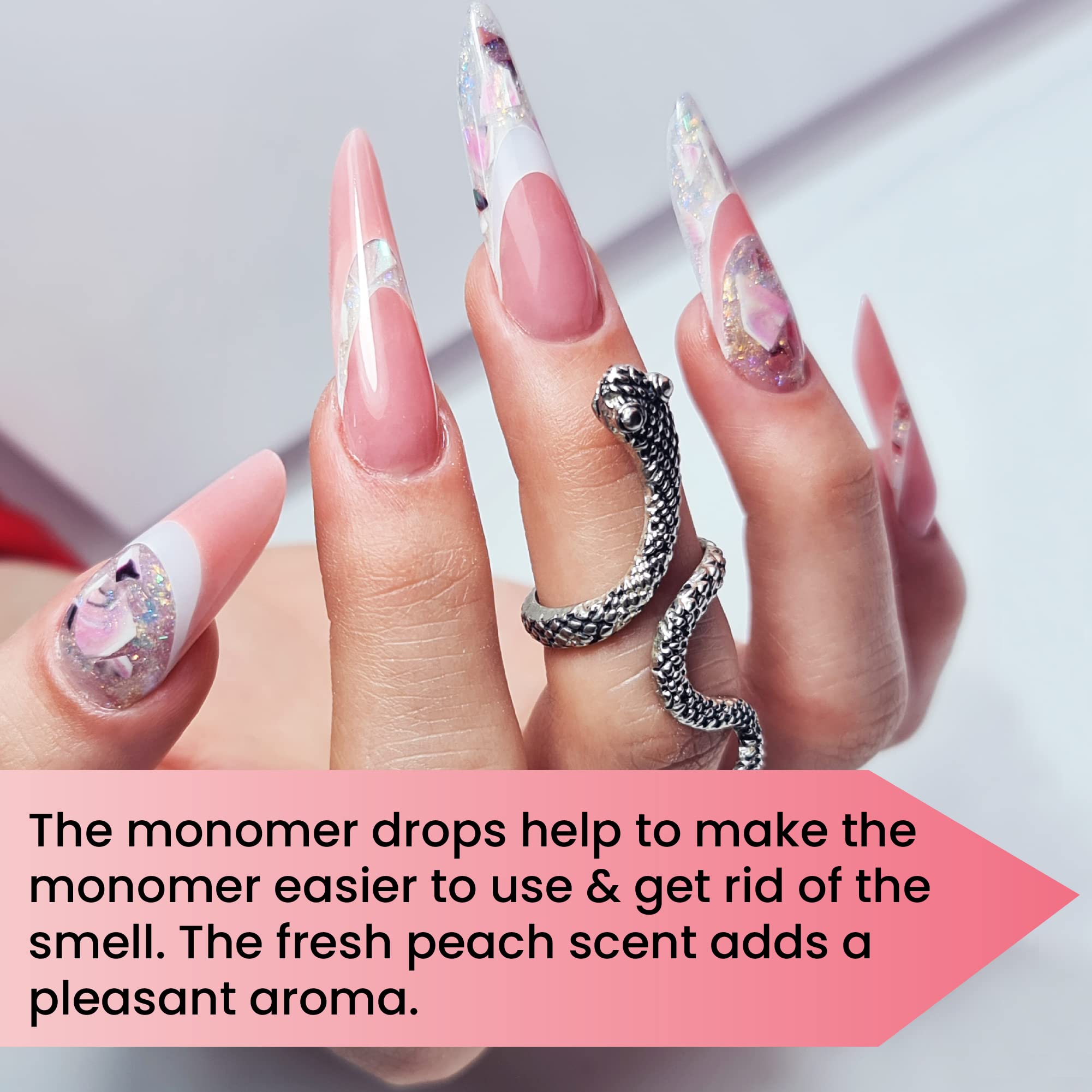 Mia Secret Monomer Drops peach fragrance swirl adds pleasant studio ambiance.