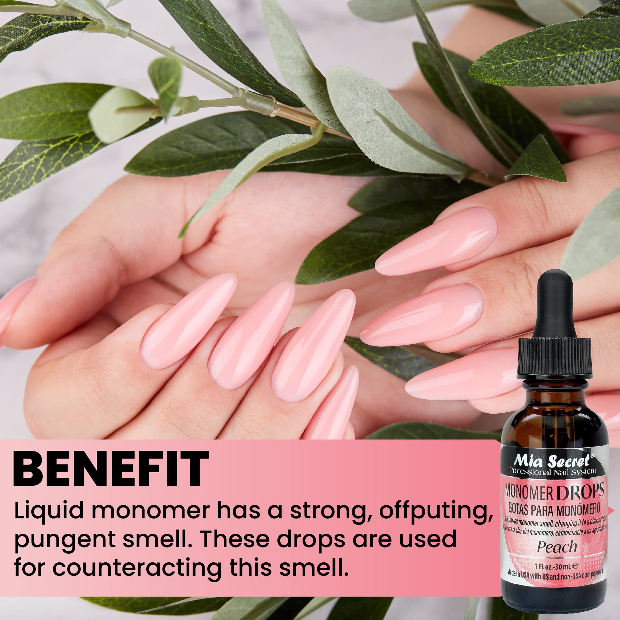Mia Secret Monomer Drops peach pour shows five-drop usage for easy activation.