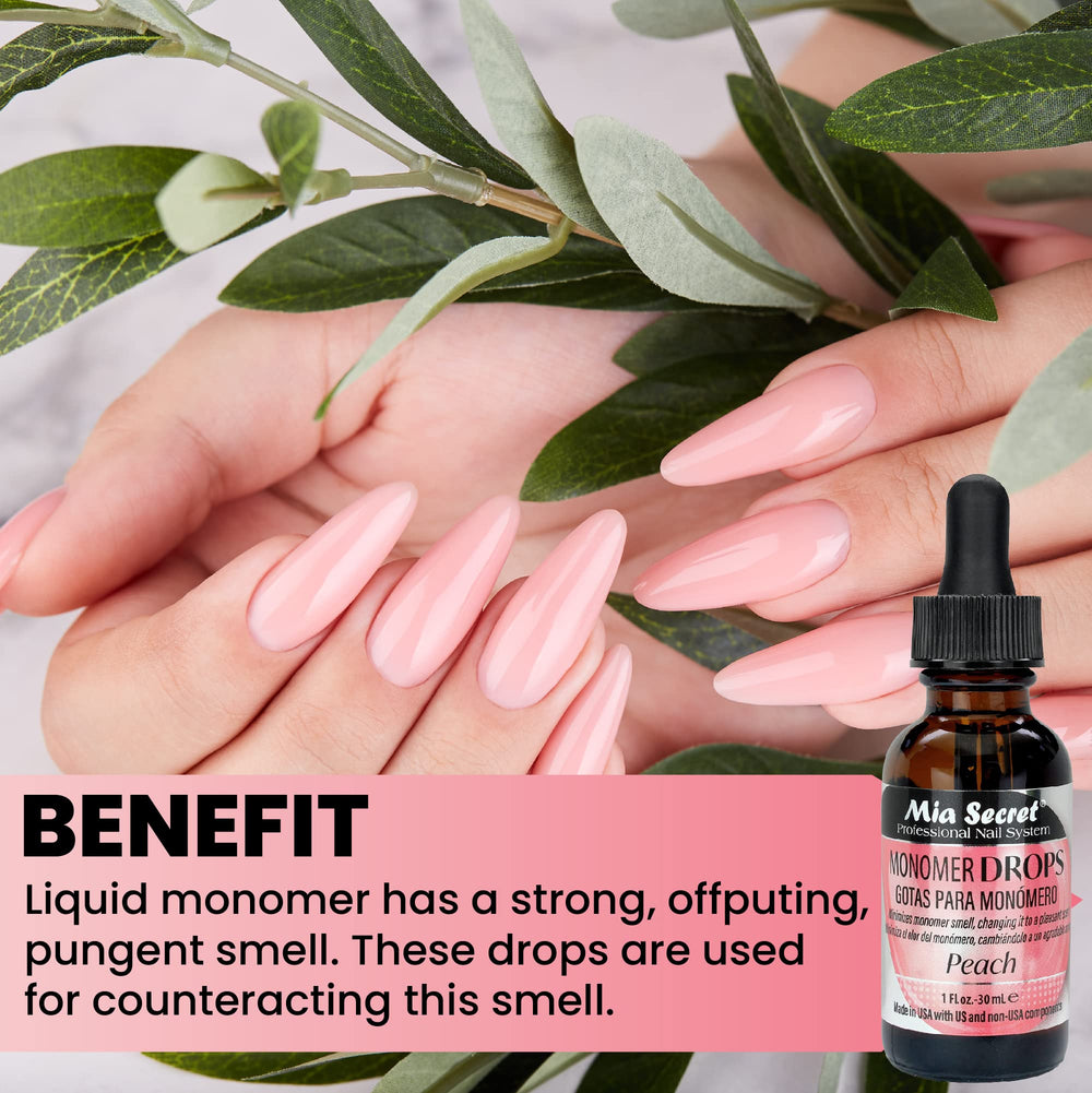 Mia Secret Monomer Drops peach pour shows five-drop usage for easy activation.