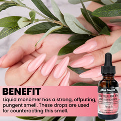 Mia Secret Monomer Drops peach pour shows five-drop usage for easy activation.