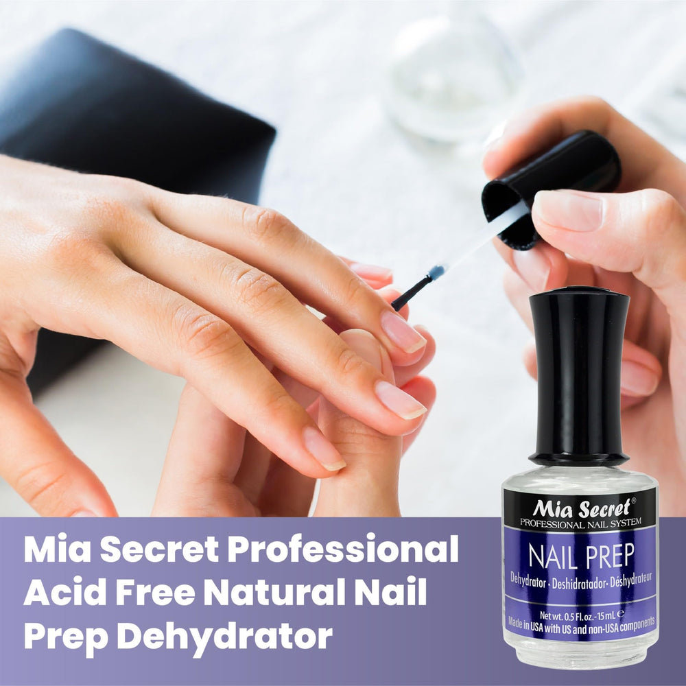 Mia Secret Nail Prep bottle on desk, prepares surface for lasting adhesion