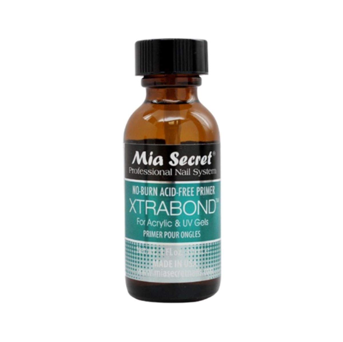 Mia Secret XTRABOND No Burn Primer bottle close-up for strong adhesion and long wear.