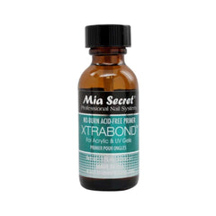 Mia Secret XTRABOND No Burn Primer bottle close-up for strong adhesion and long wear.