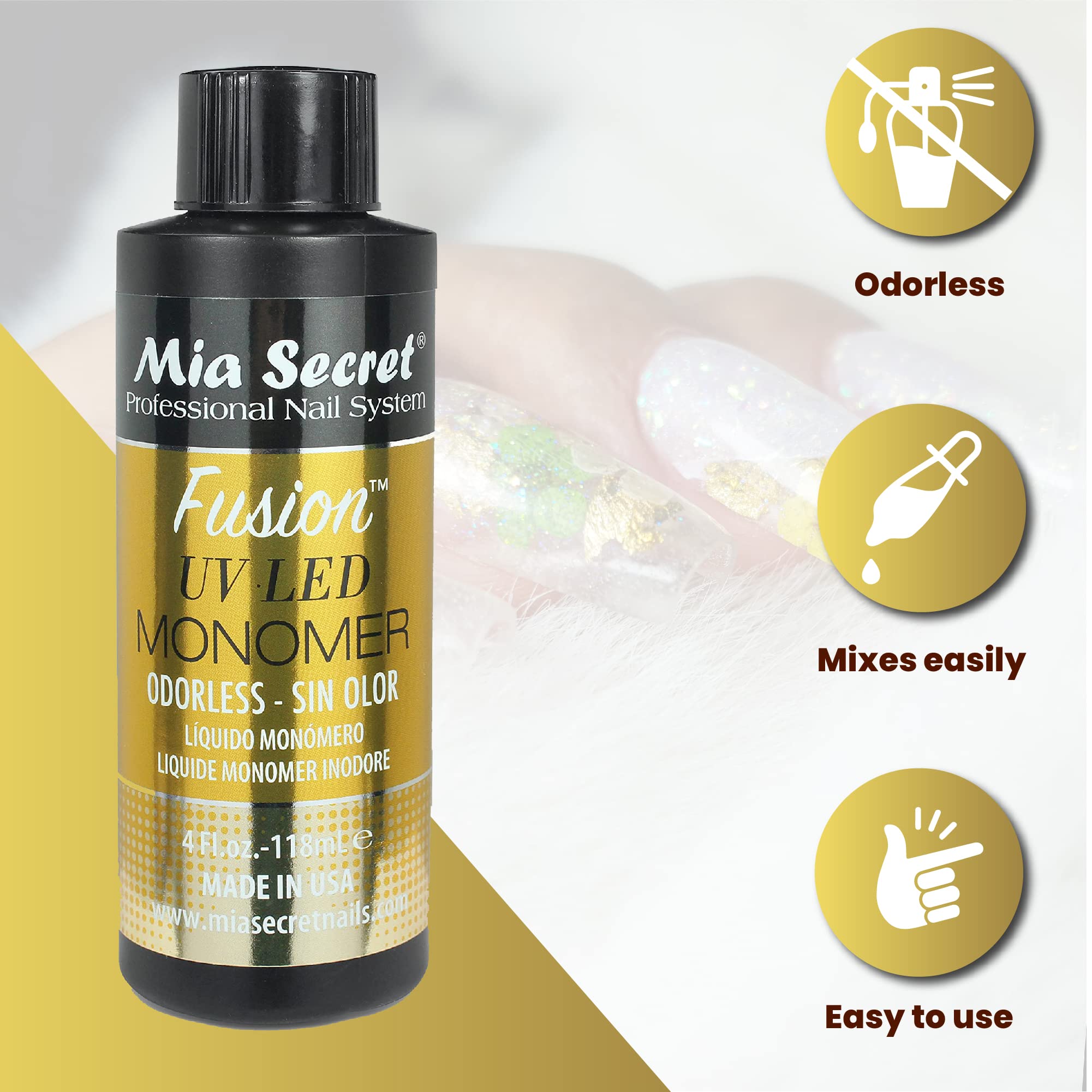 Mia Secret Odorless Fusion non-yellowing formula supports lasting color clarity.