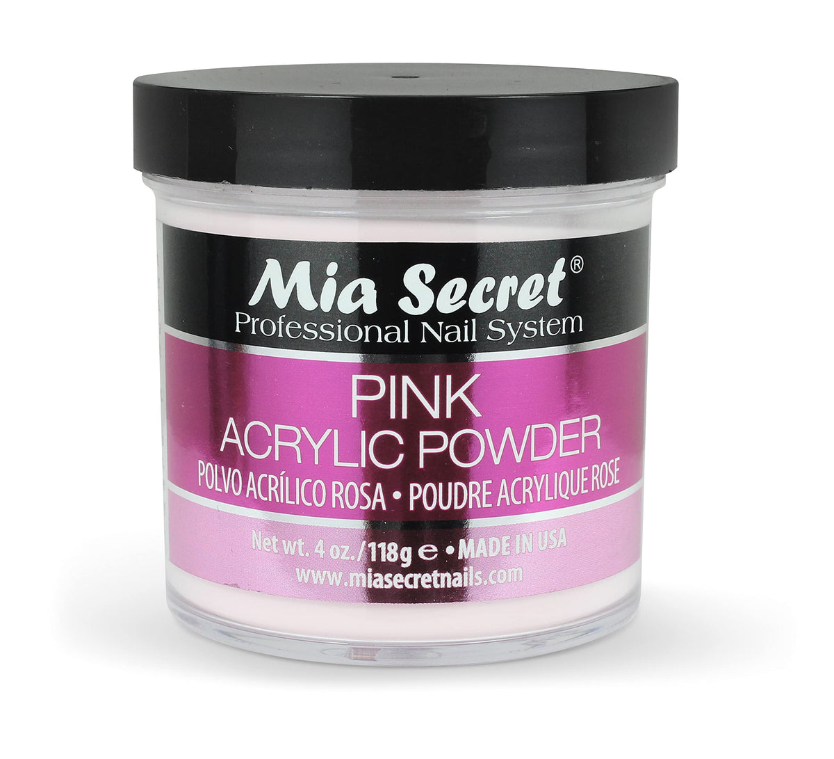 Mia Secret Pink Acrylic Powder 4 oz bottle shows self-leveling formula for even nail coverage