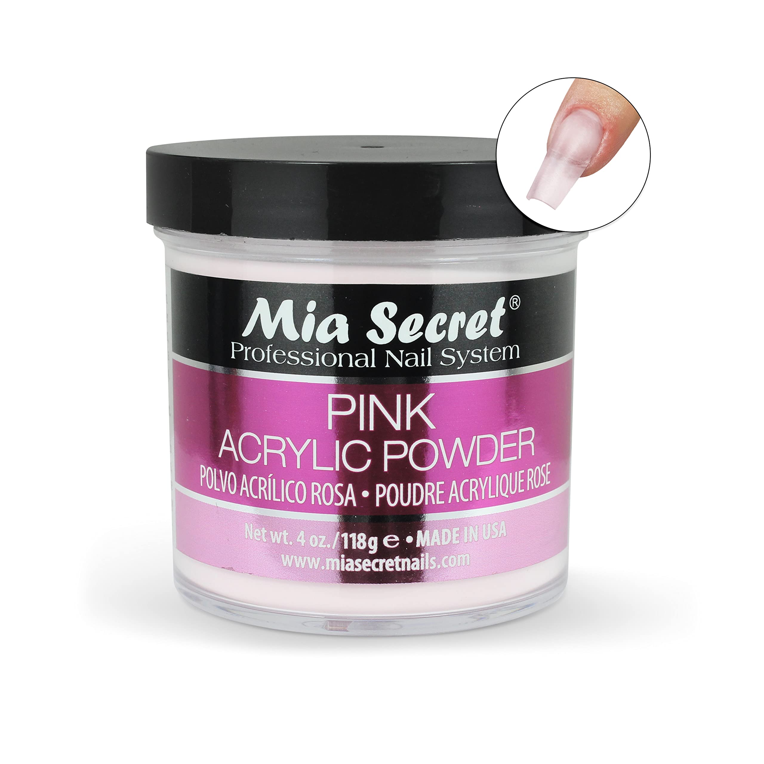 Mia Secret pink acrylic powder lift resistance image demonstrates durable enhancements for longer wear