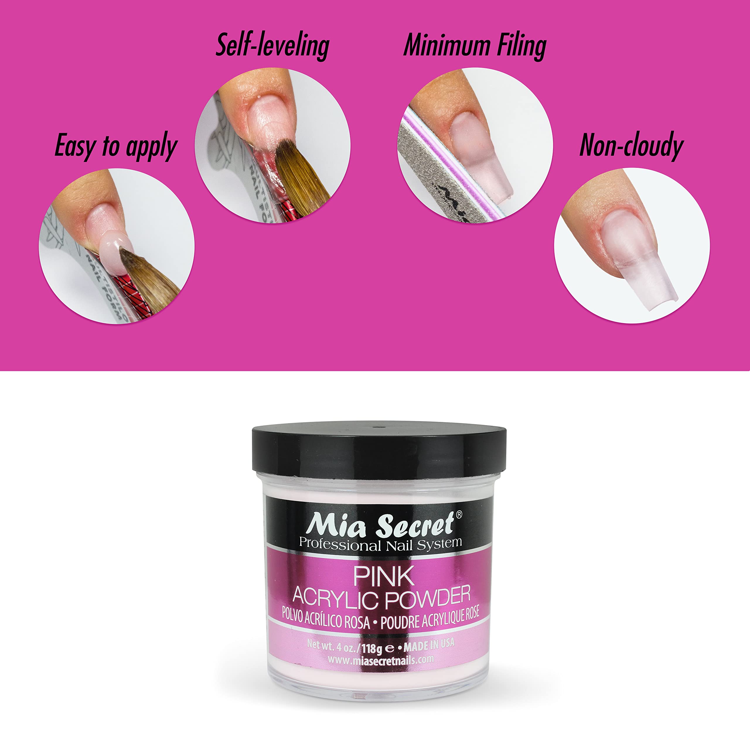 Mia Secret pink acrylic powder non-yellowing finish helps maintain natural-looking nails over time