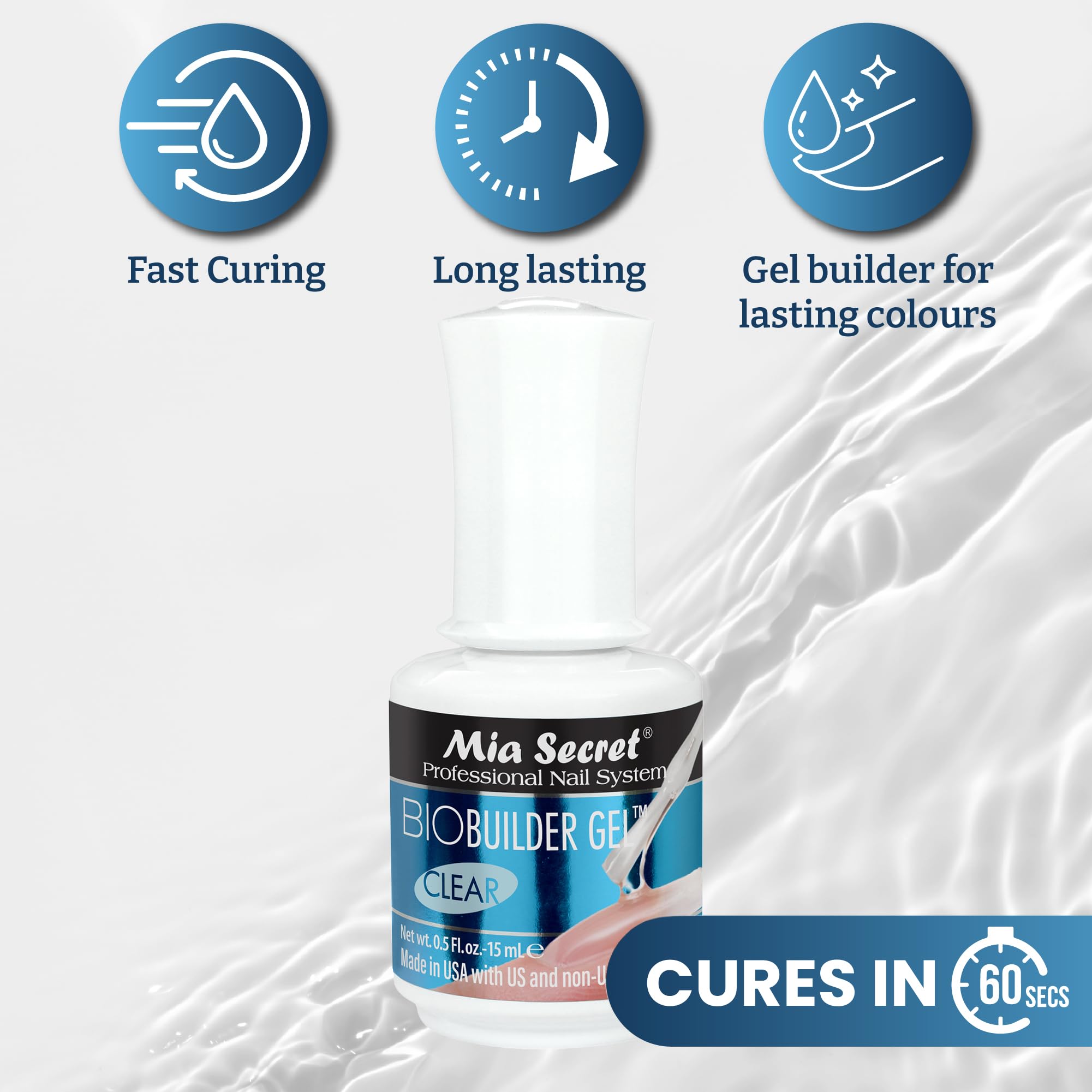Mia Secret gel shades include clear, perfect pink, and white swatches.
